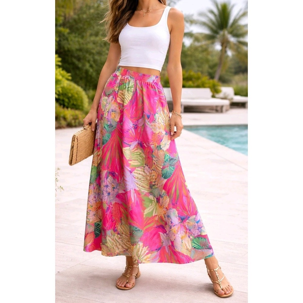 Christian Siriano Satin A-Line Maxi Skirt Sz L Resort Glam Tropical Pull On NWT